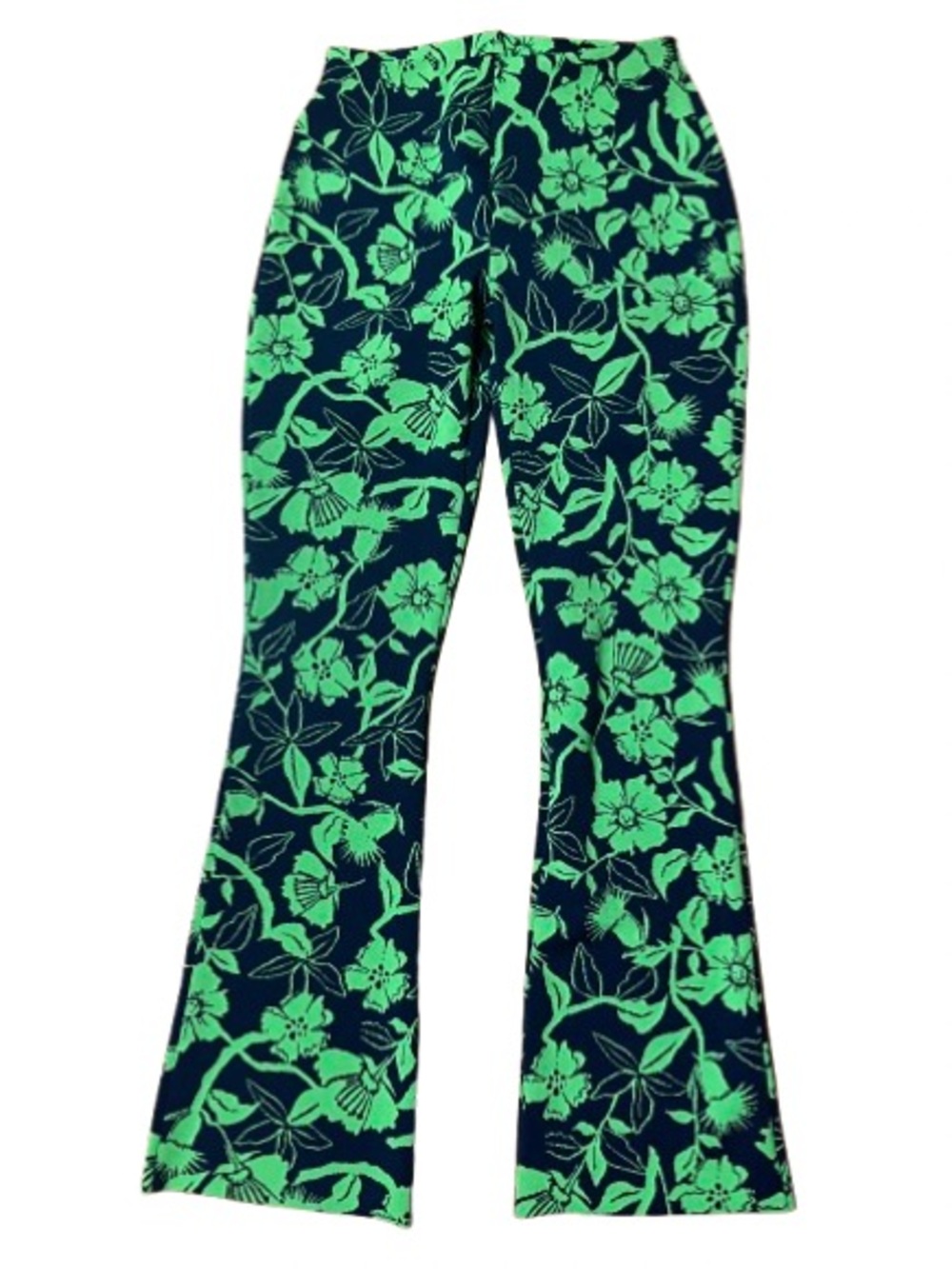 Zara Jacquard High Waisted Green and Blue Floral Flared Pants Size Small